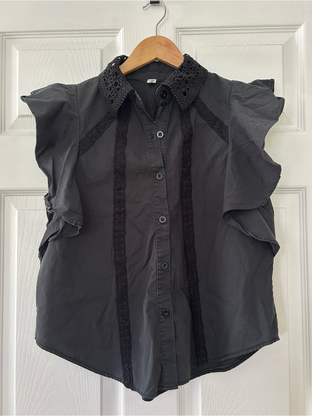Black Lace-Trim Button Front Women's Top